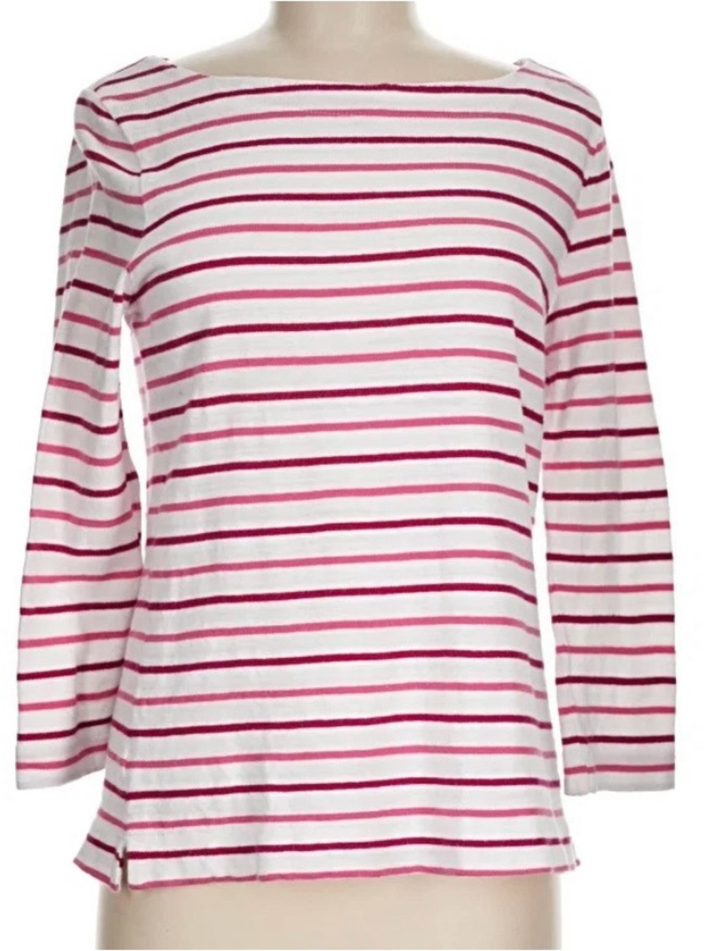 LOFT White 3/4 Sleeve Boatneck Top with Pink Stripes